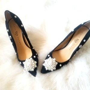 Black Suede Pearl Pointed Heels !EVERYTHING GOES!